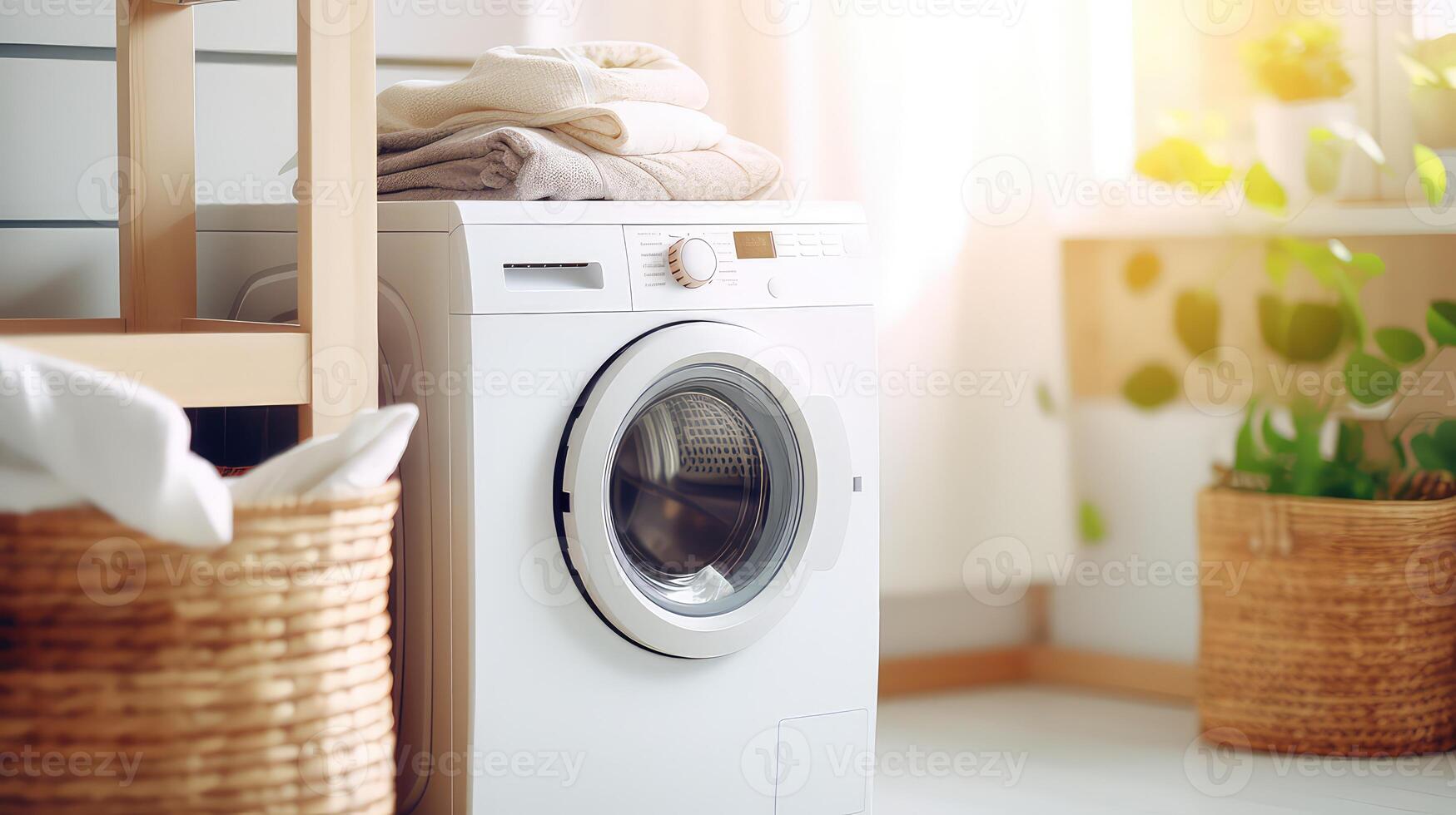 AI generated Washing machine in the laundry room. 3d rendering and illustration. photo