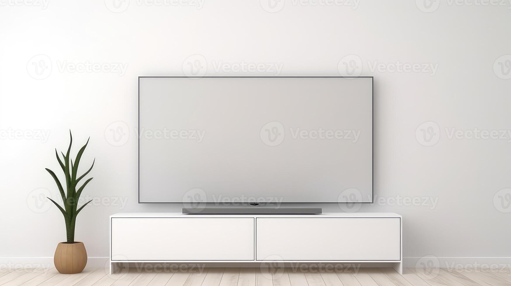AI generated White TV screen mockup on white wall in modern living room photo