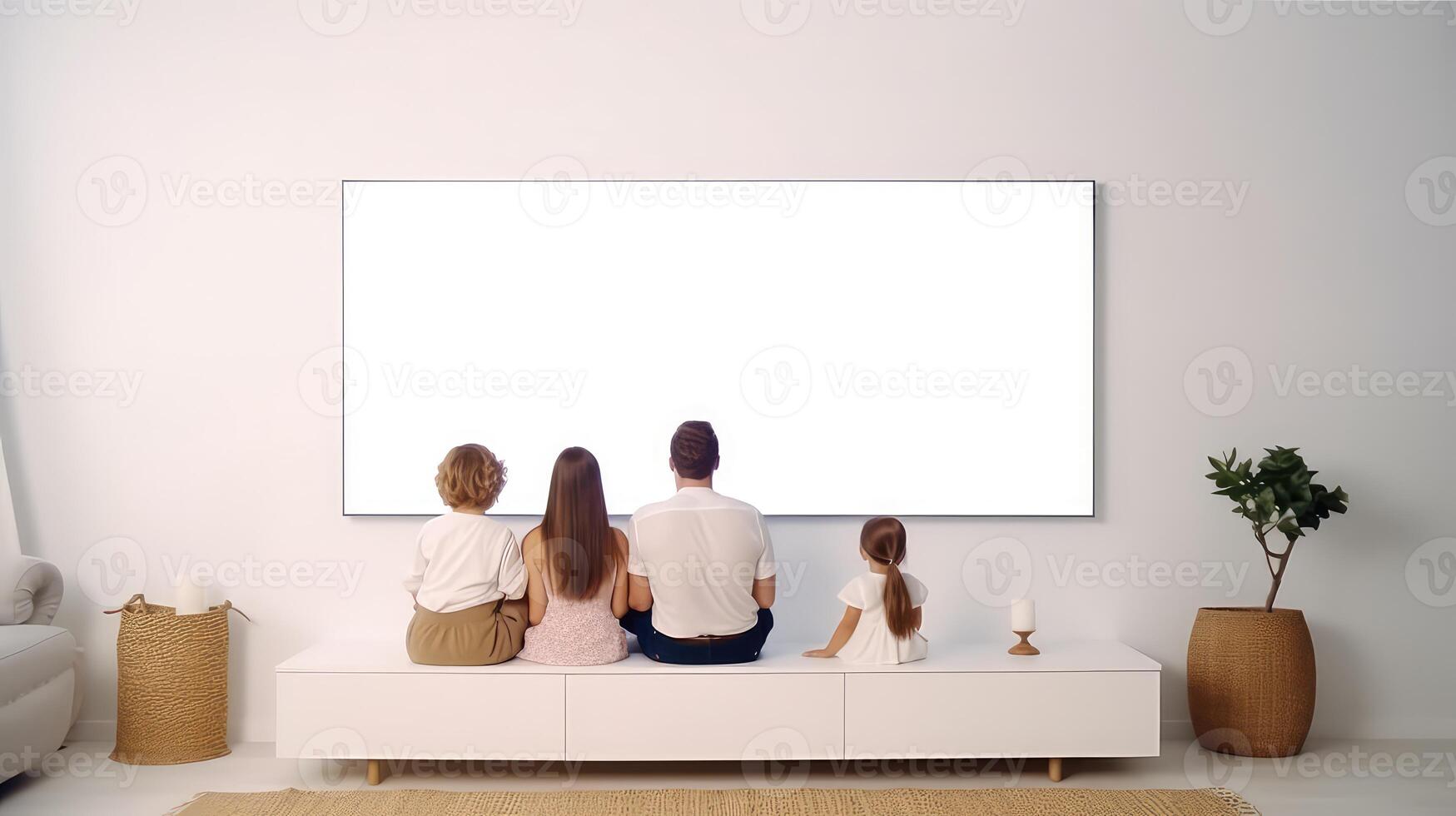 AI generated Rear view of family sitting on sofa in living room and watching tv mockup photo