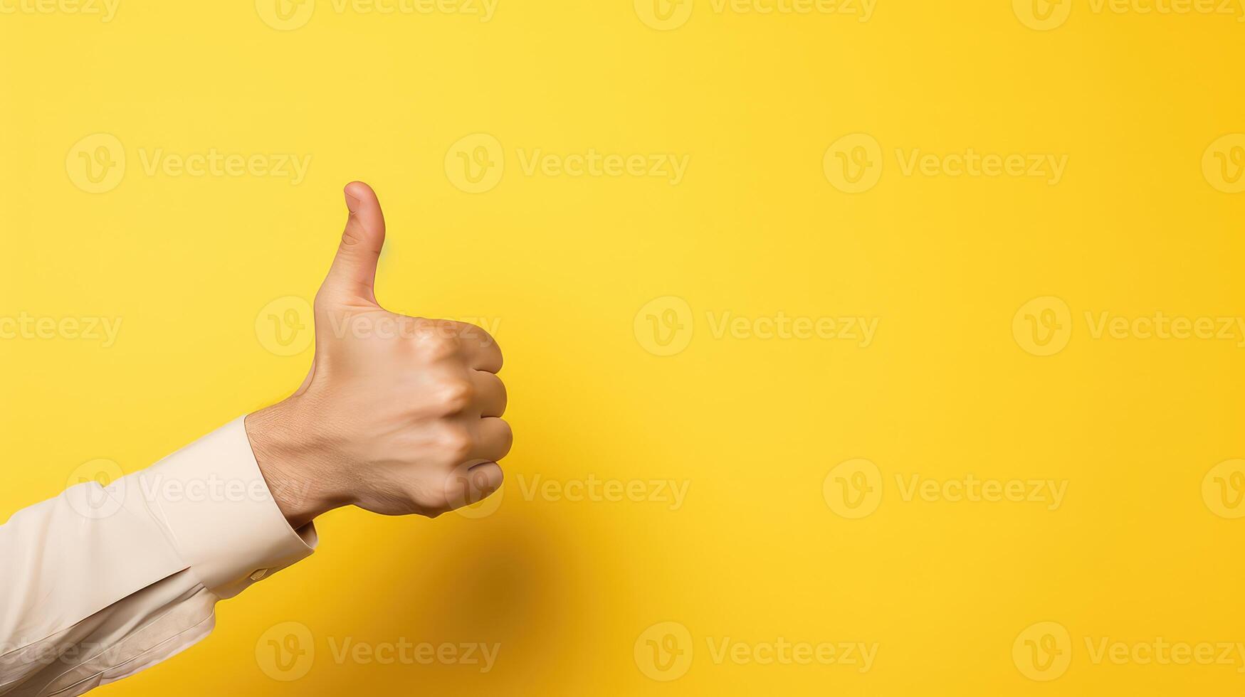 AI generated closeup hands showing thumbs up on a yellow background with copy space photo