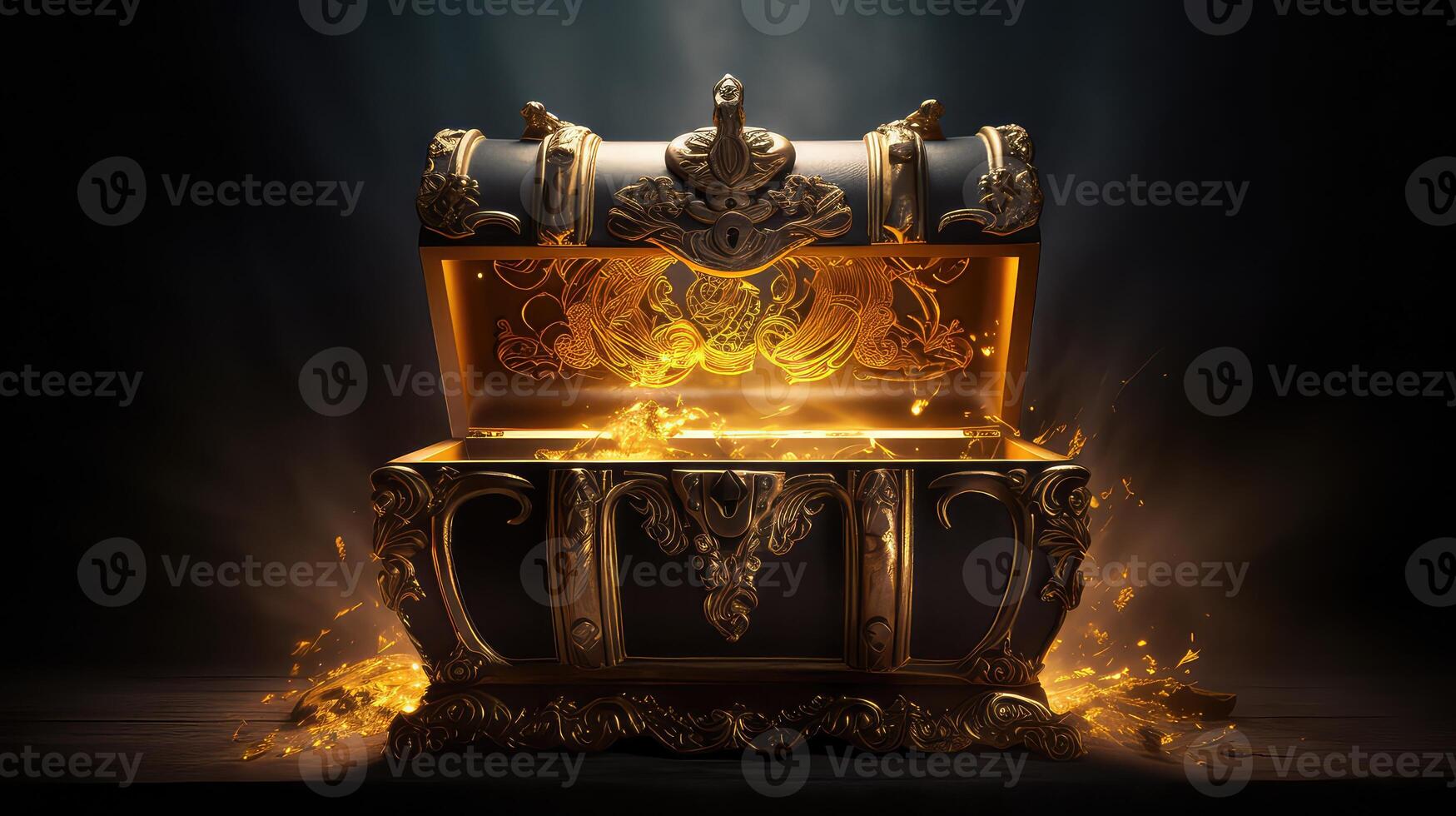 AI generated Open treasure chest with golden crown and gold splashes on black background photo