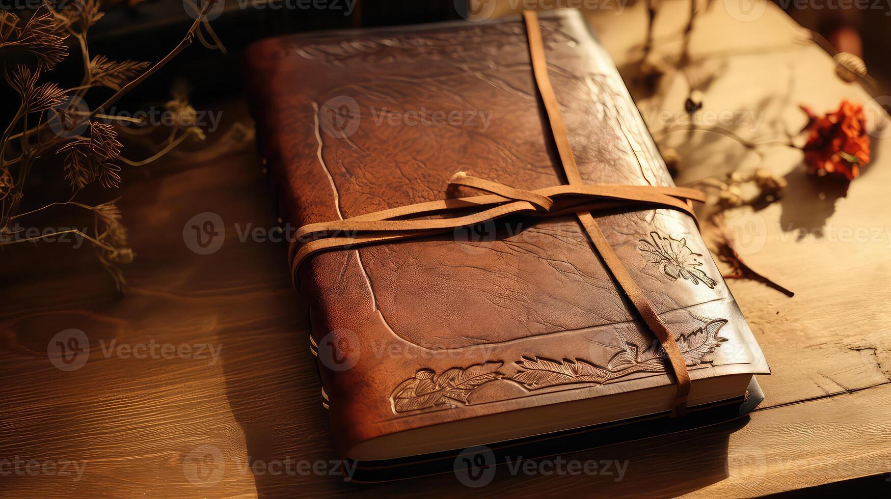 AI generated Old book on a wooden table, close-up, selective focus photo