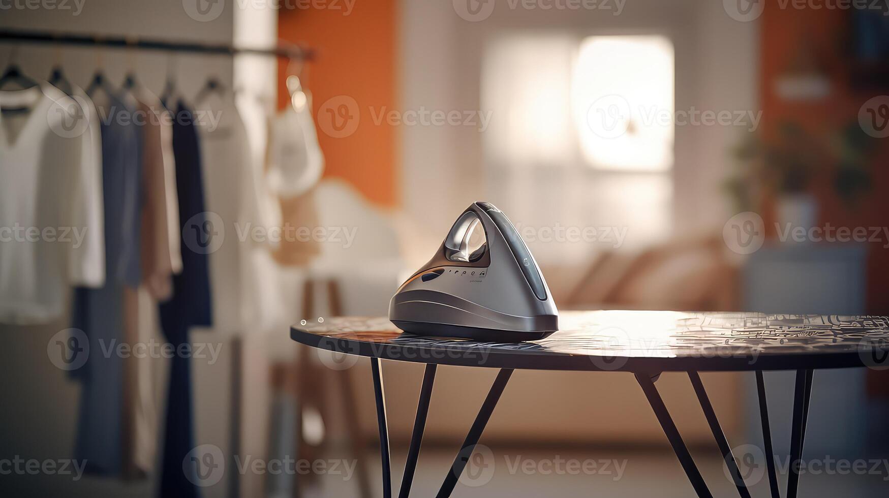 AI generated Iron on the ironing board in the room. Ironing concept photo