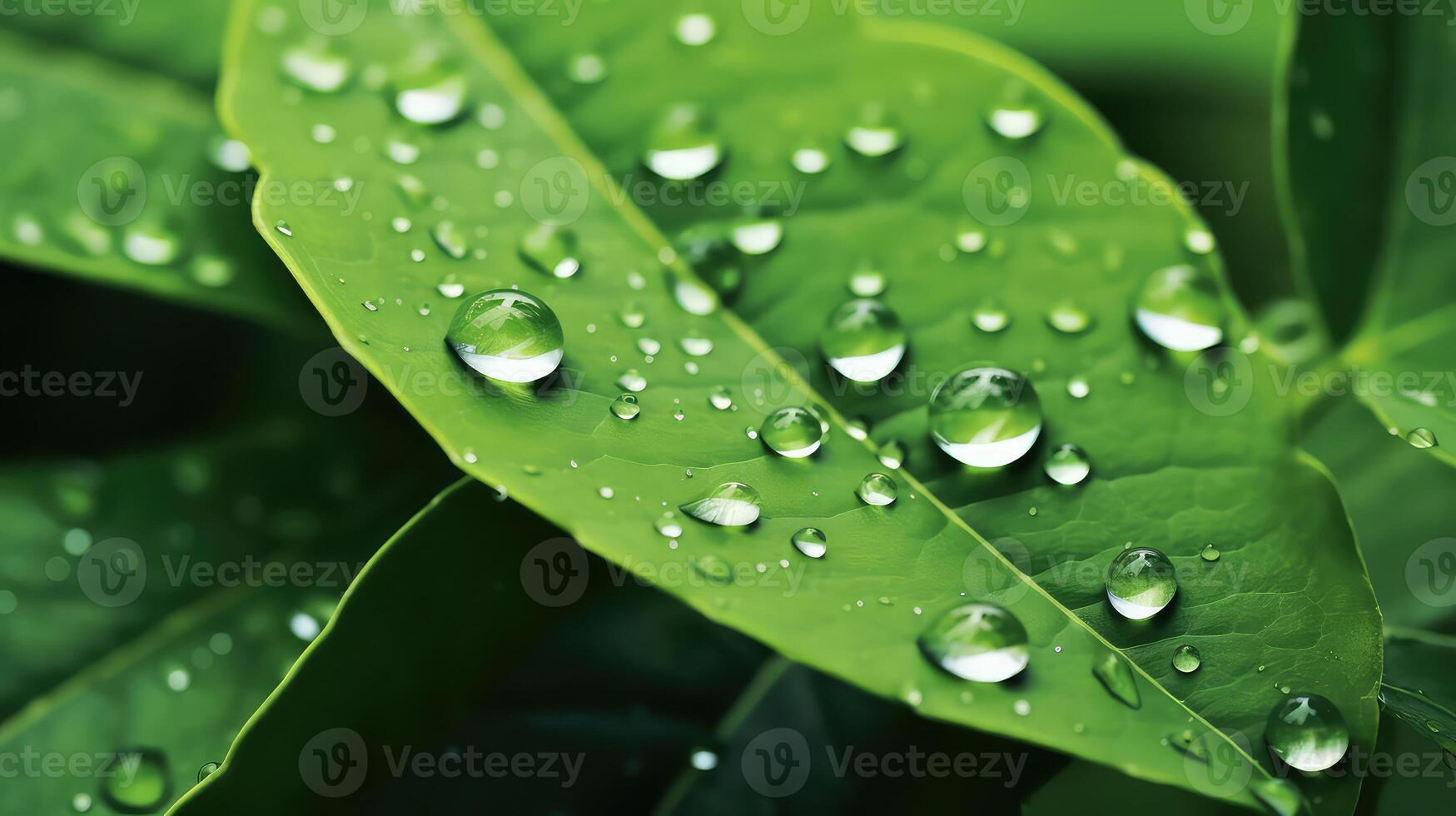 AI generated Green leaf with water drops close-up. Shallow depth of field. photo