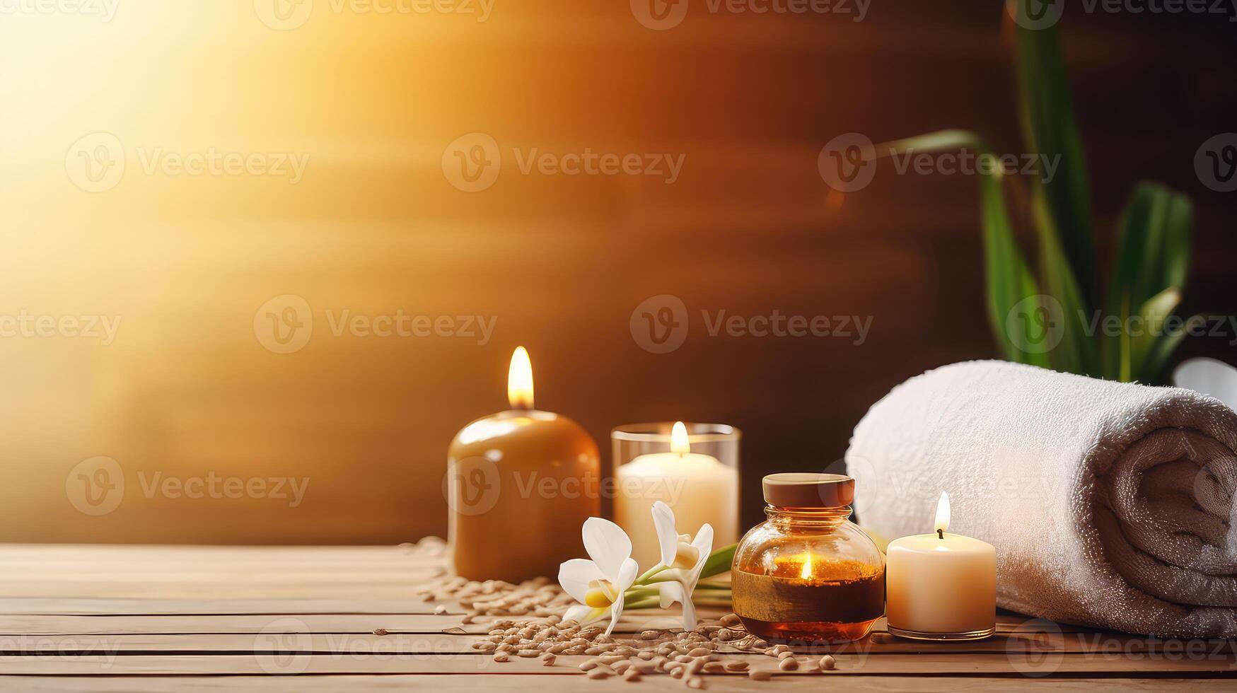 AI generated Spa composition with candles and towel on wooden table. Space for text photo