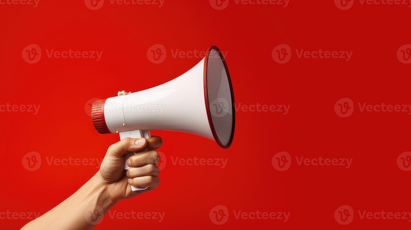 AI generated Female hand holding a megaphone on a red background with copy space photo