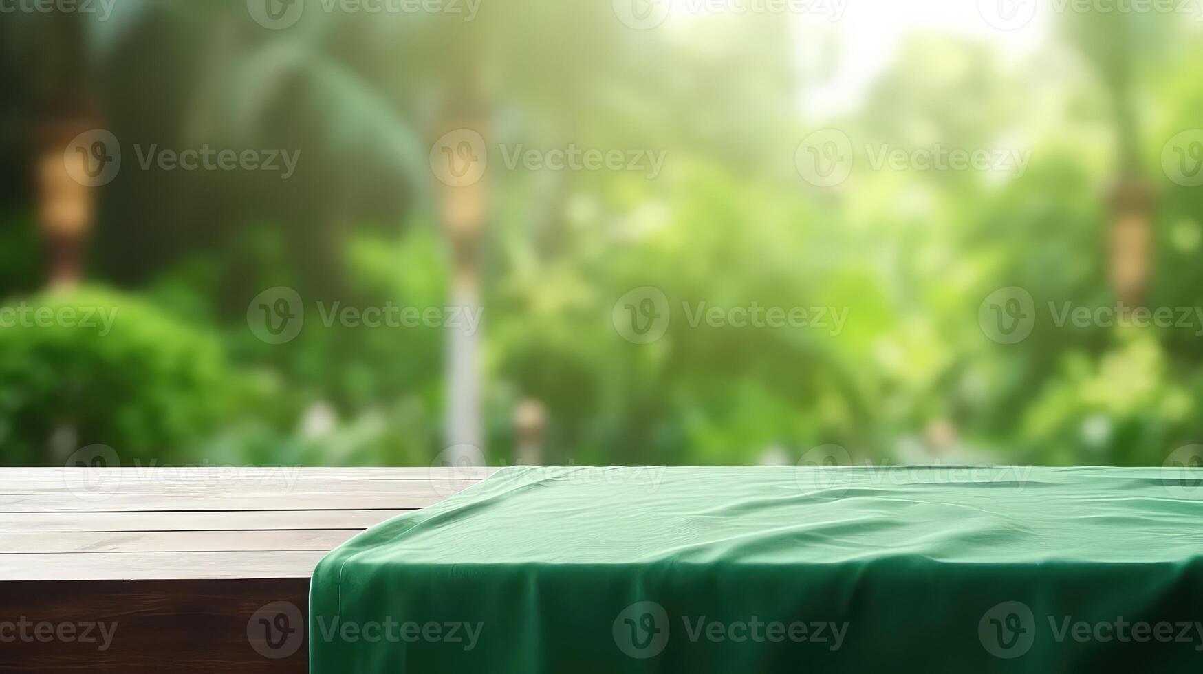 AI generated Table Top with towel and Blur Nature of the Background Concept of Summer photo