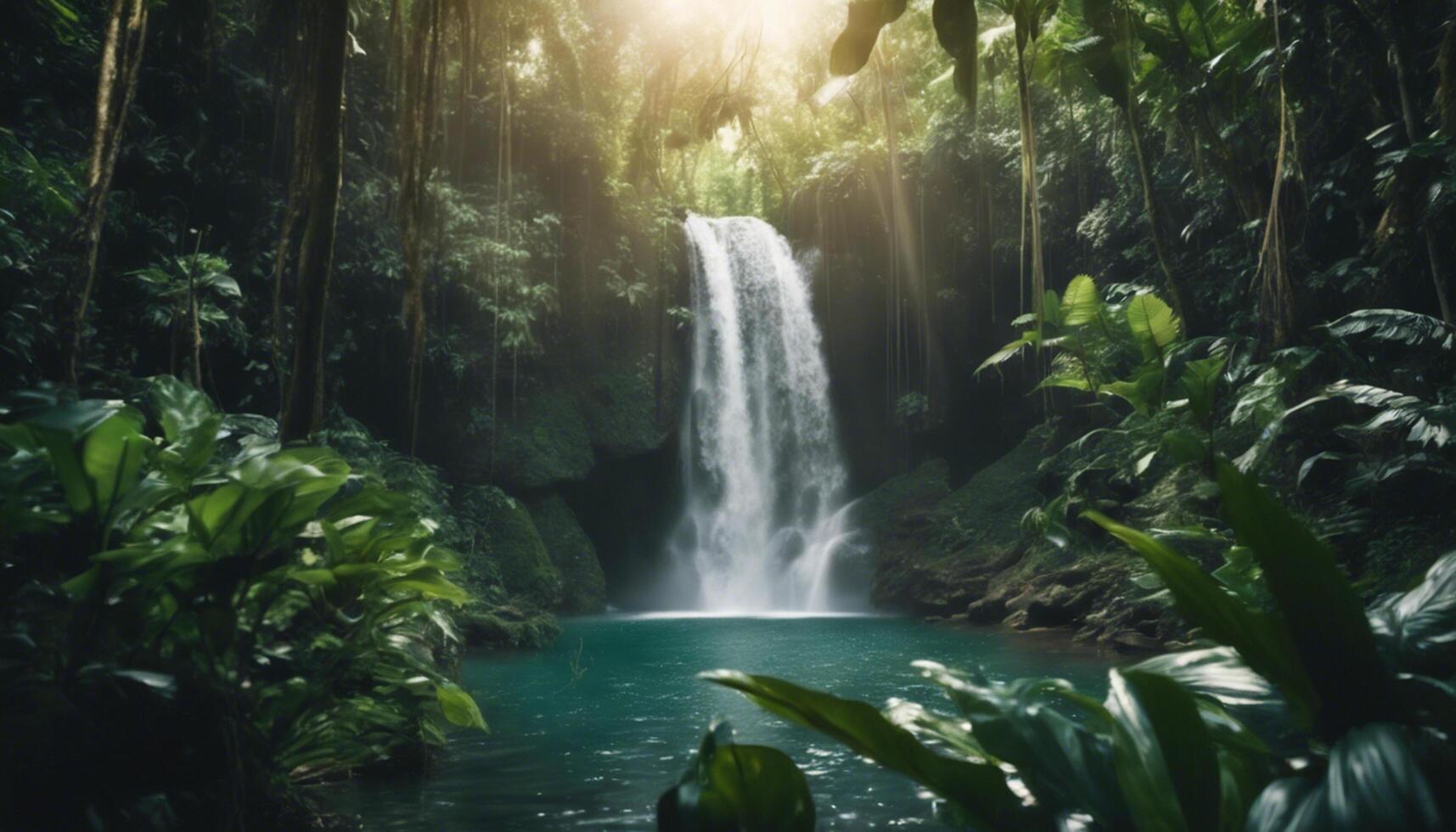 AI generated Beautiful waterfall in a lush jungle, with sunlight photo