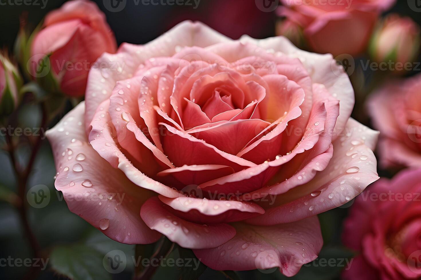 ai generado hermosa rosado Rosa con agua gotas en pétalos de cerca foto