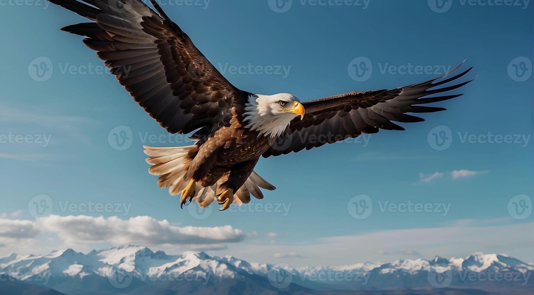 ai generado calvo águila en vuelo en contra el antecedentes de nevadas montañas foto
