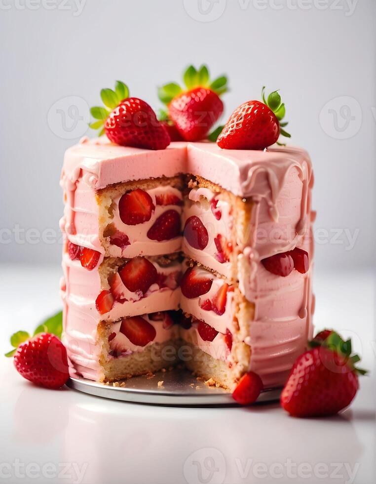 ai generado fresa pastel con azotado crema y Fresco fresas en un blanco antecedentes foto