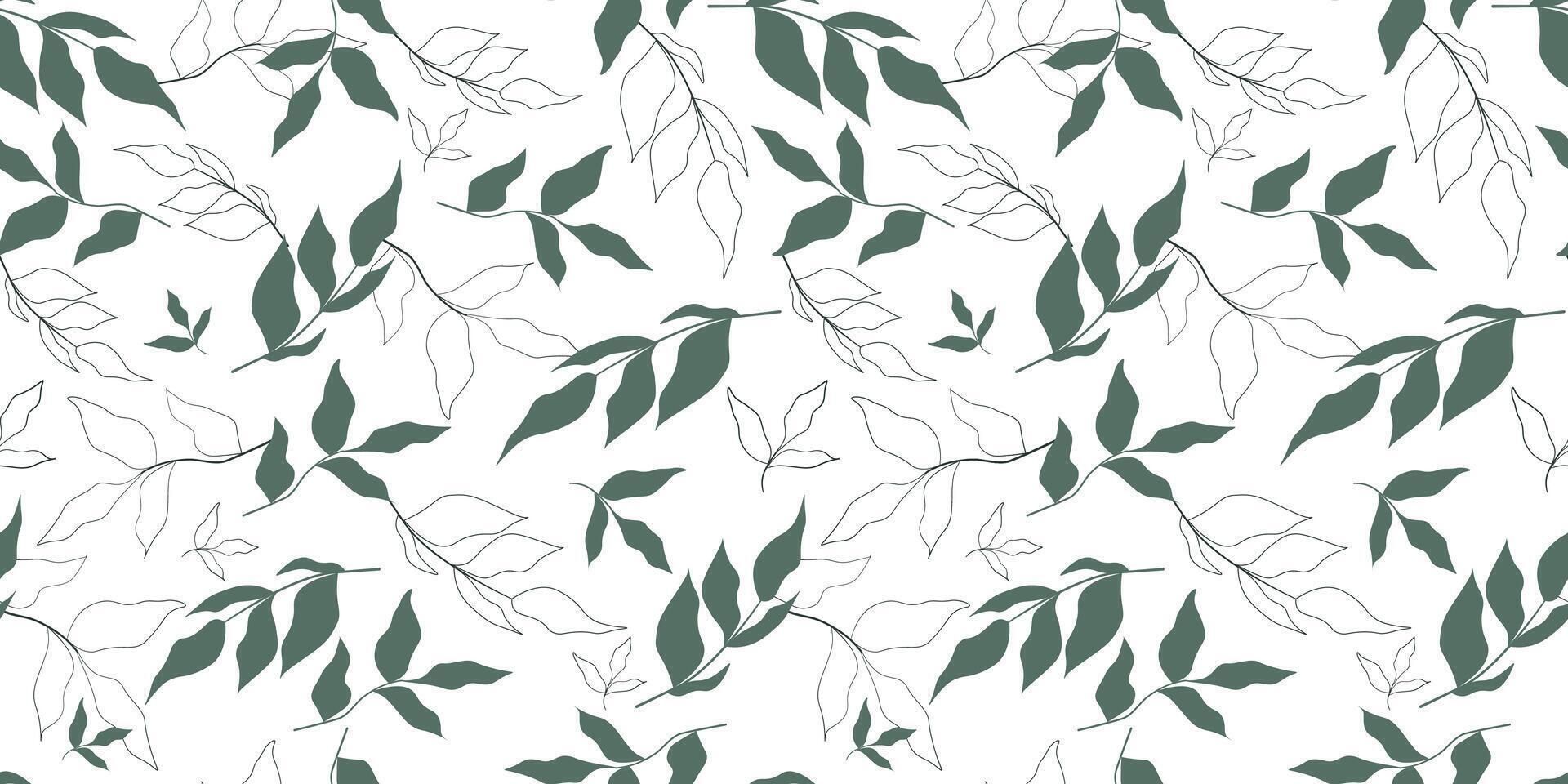 Seamless pattern with abstract linear silhouettes of leaves, branches. Simple plant print. Vector graphics.