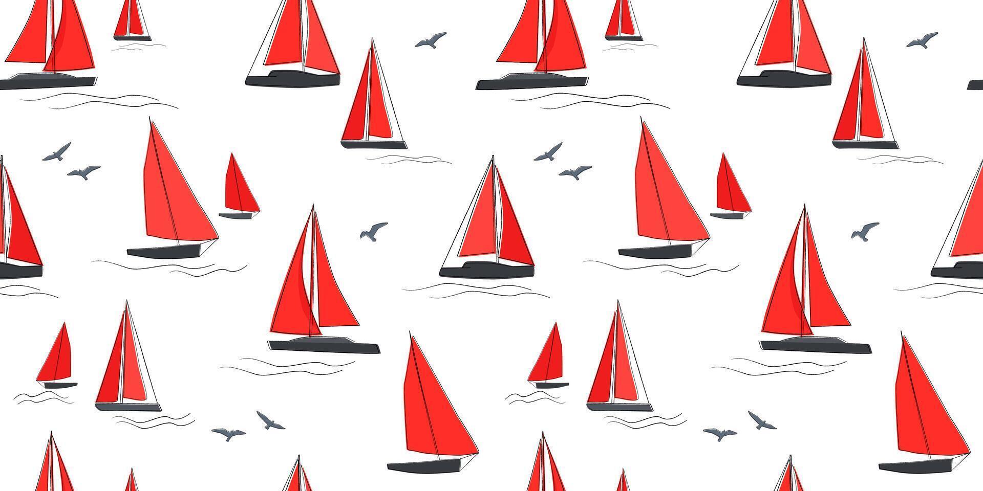 Seamless pattern with boats with sails on the waves. Abstract print with yachts, sea, seagulls. Vector graphics.