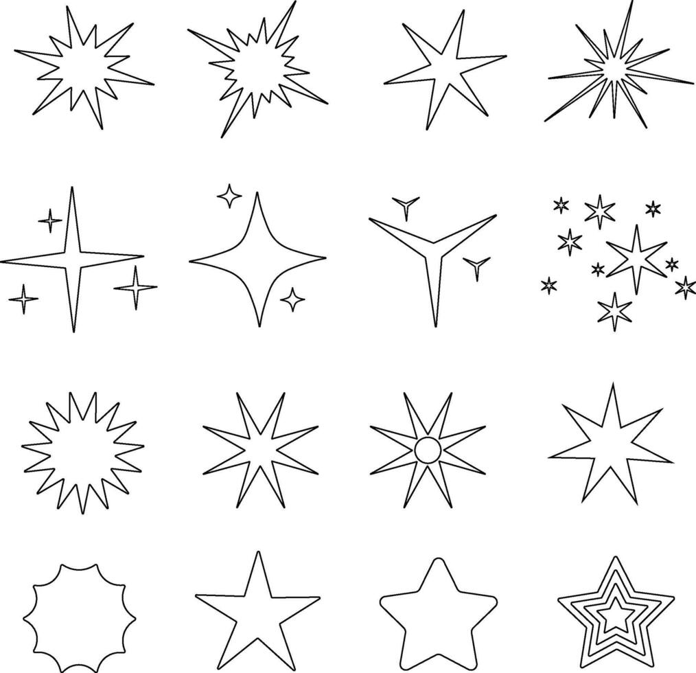 Vector set of stars icon. Black lineal stars on a white background. Space object, spark, flash, light. Good for stickers, web, print, newyear design, brochures, flyers.