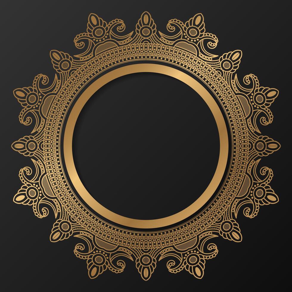 Golden frame with ornament in circle on black background. Luxury gold mandala. - Vector. vector
