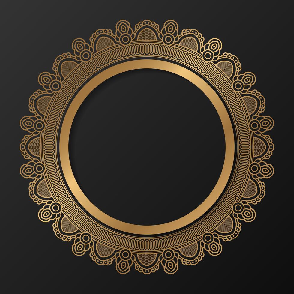 Golden frame with ornament in circle on black background. Luxury gold mandala. - Vector. vector