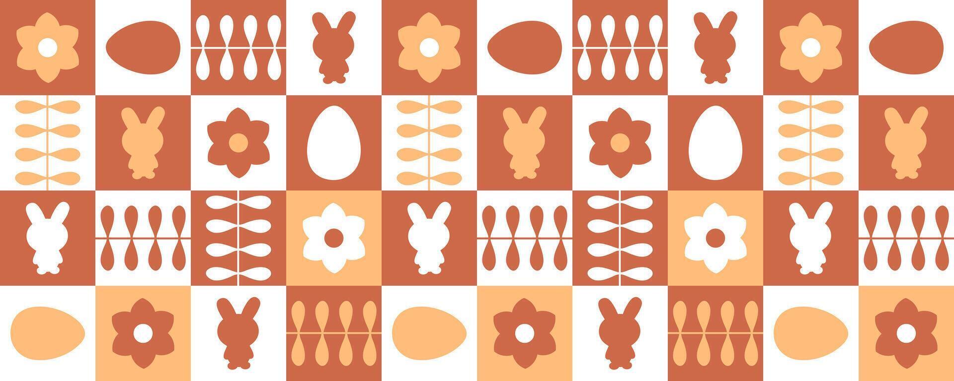 Swiss style monochrome Easter horizontal pattern with rabbits, eggs and flowers. Print for card, cup, mug, banner. Perfect spring design. vector