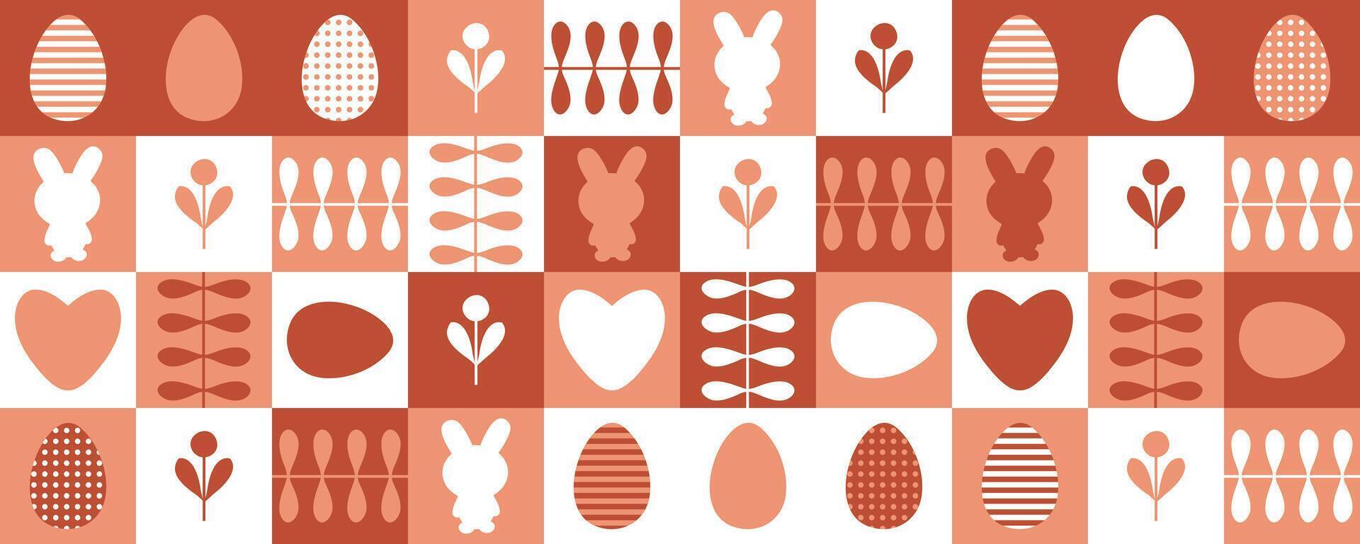 Cute rabbits, striped and dotted eggs and flowers Easter horizontal banner. Perfect print for card, cup, mug. Great spring design for any project. vector