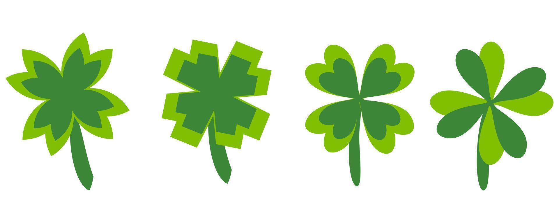 Geometric four leaf clover plant symbols collection for St Patricks Day. Perfect set for card, sticker, poster, banner. Hand drawn isolated vector illustration.