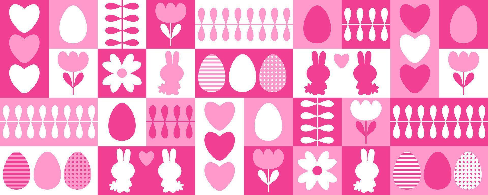 Spring horizontal banner with cute Easter bunnies and eggs in swiss style. Perfect print for card, cup, mug. Great simple design for any project. vector