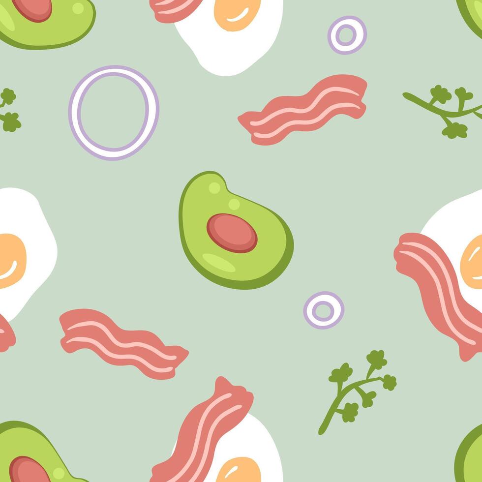 Energizing Eggcited seamless pattern with avocado, bacon and eggs. Food print for paper, fabric, textile. Hand drawn vector illustration.