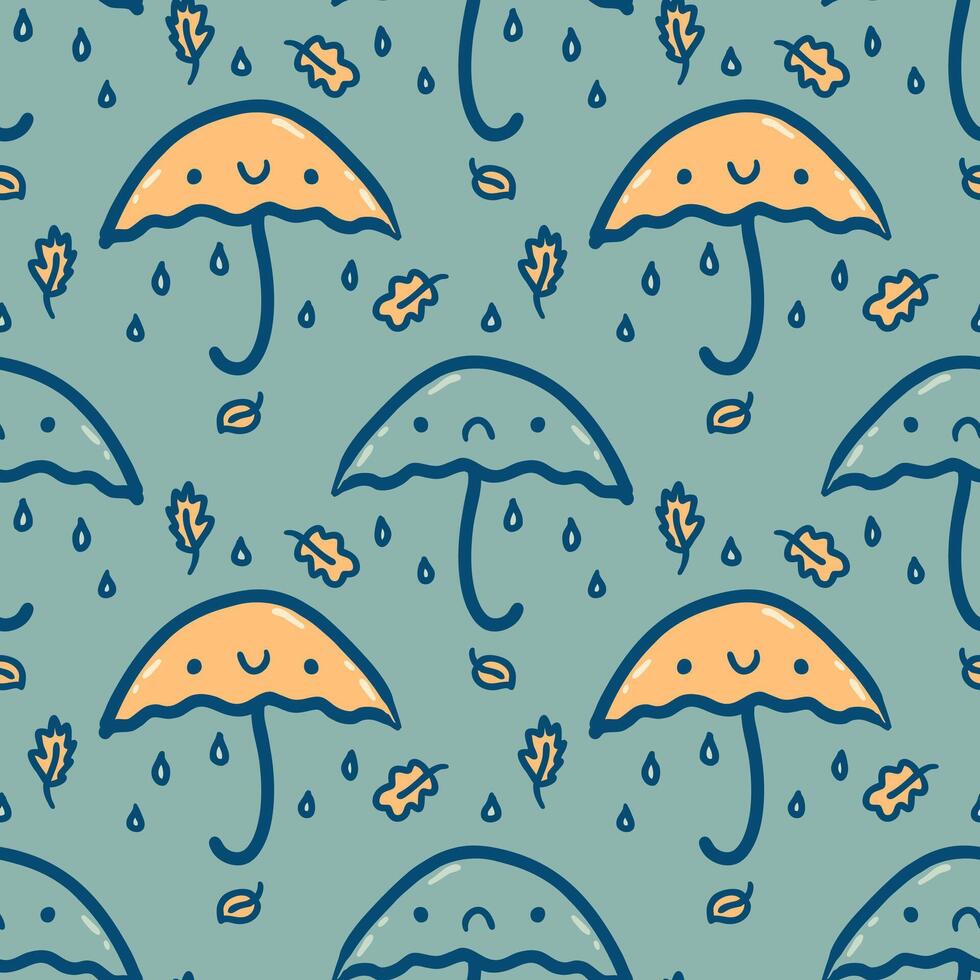 Seamless pattern with happy and sad doodle umbrellas and leaves. Perfect autumn design for paper, textile and fabric. Hand drawn vector illustration.