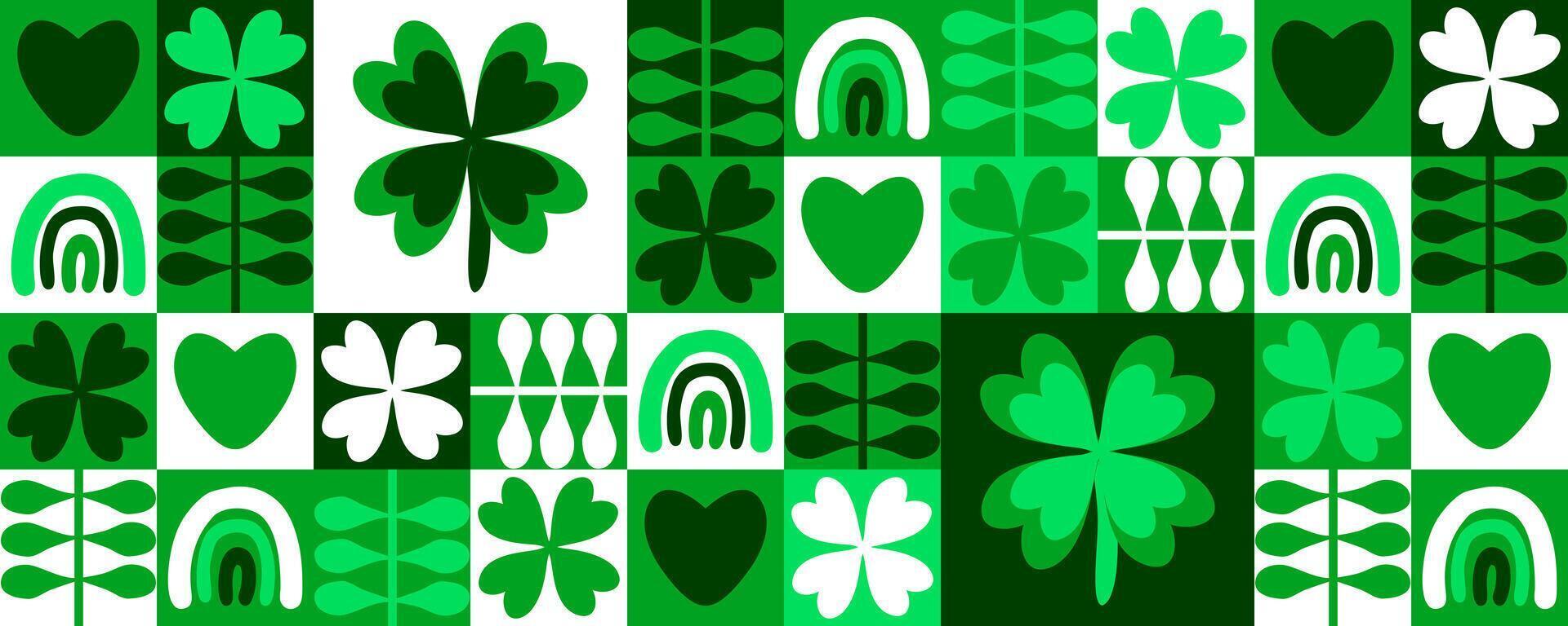 Spring horizontal banner with four leaf clover plants, rainbows and hearts. Saint Patricks Day print for card, cup, mug, banner. Hand drawn vector illustration.