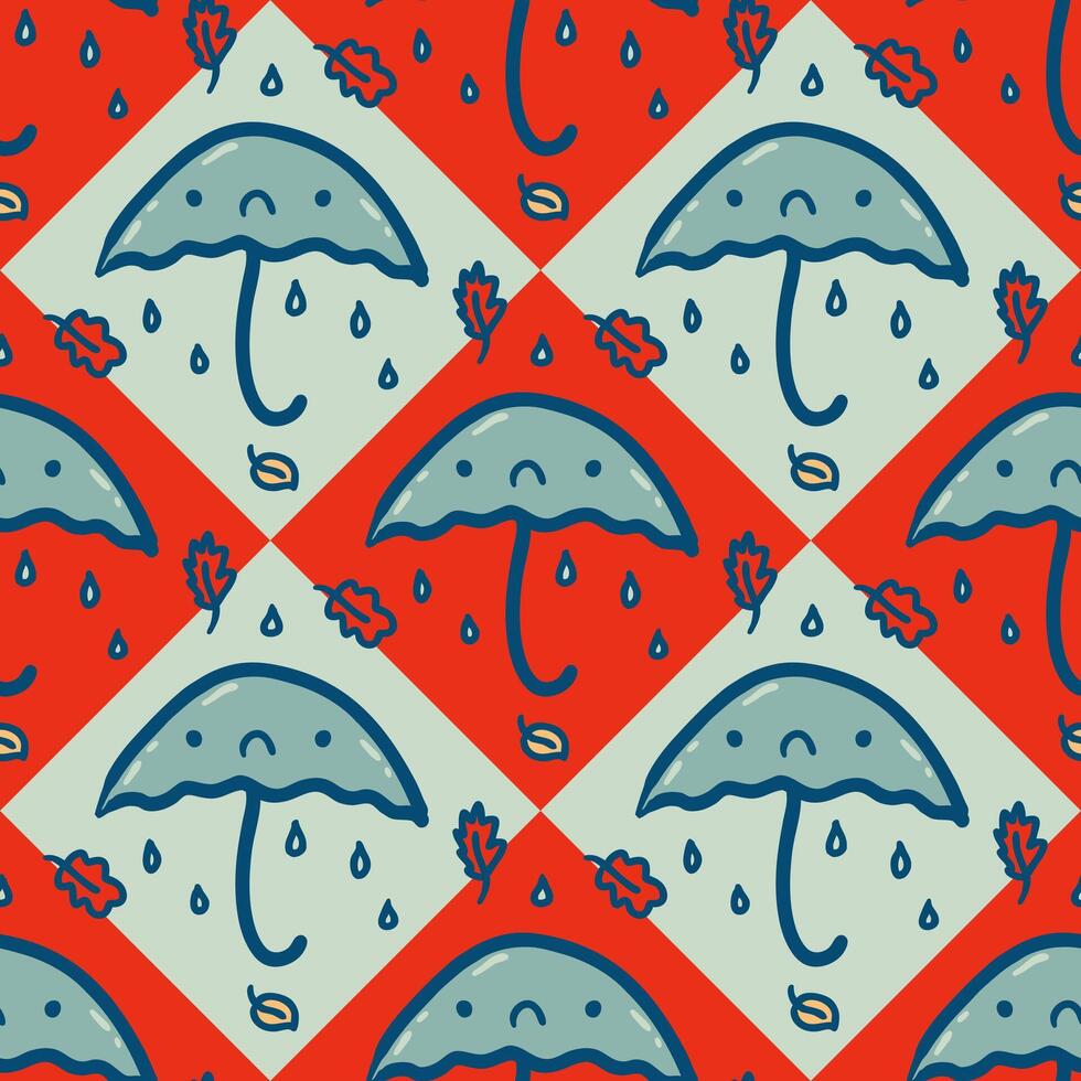 Umbrellas and falling leaves seamless vector pattern. Perfect design for paper, textile and fabric. Hand drawn illustration.