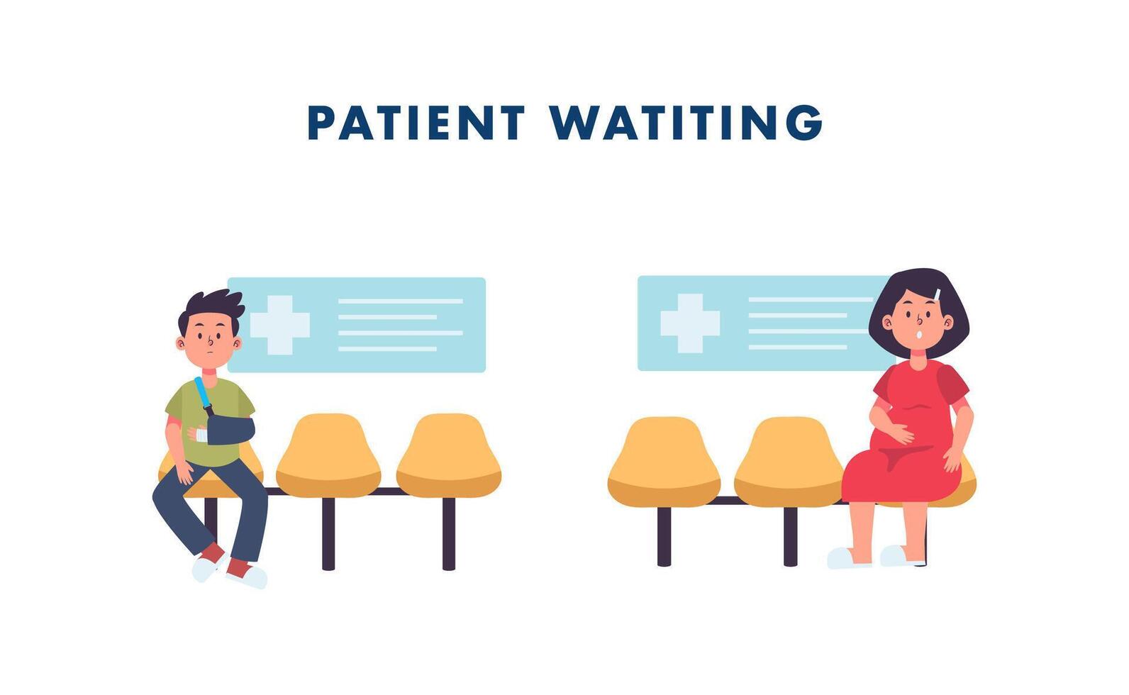 injury man and pregnant woman waiting at seat chair lobby hospital or clinic illustration vector
