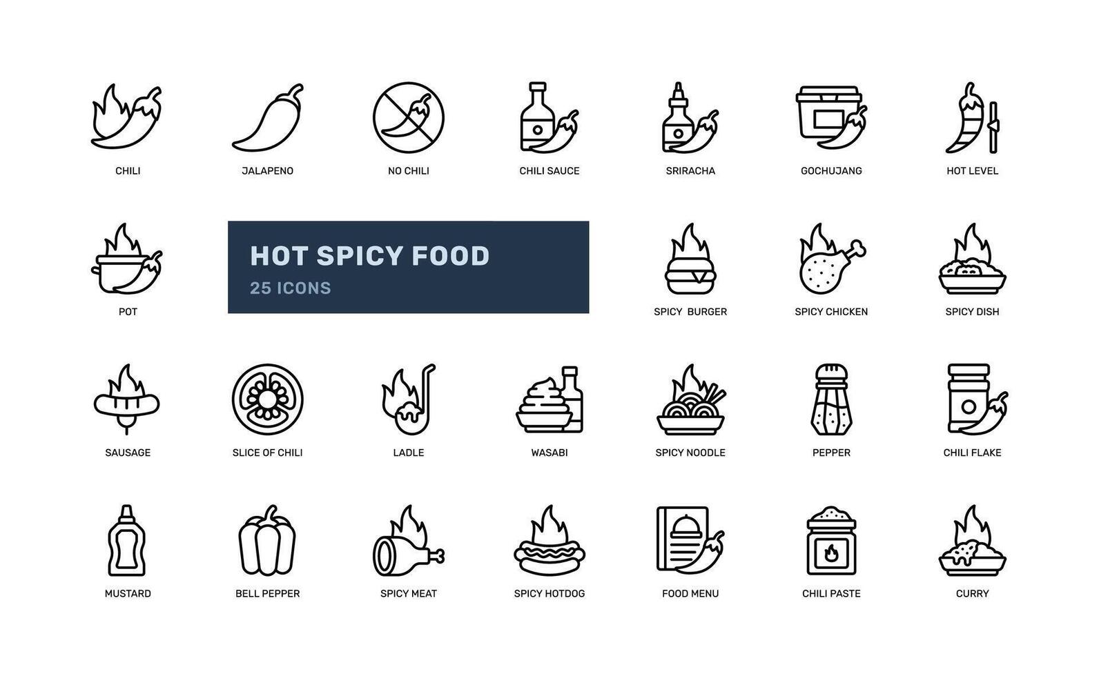 hot spicy food traditional chili fire flame burn kitchen menu dish detailed line icon set vector