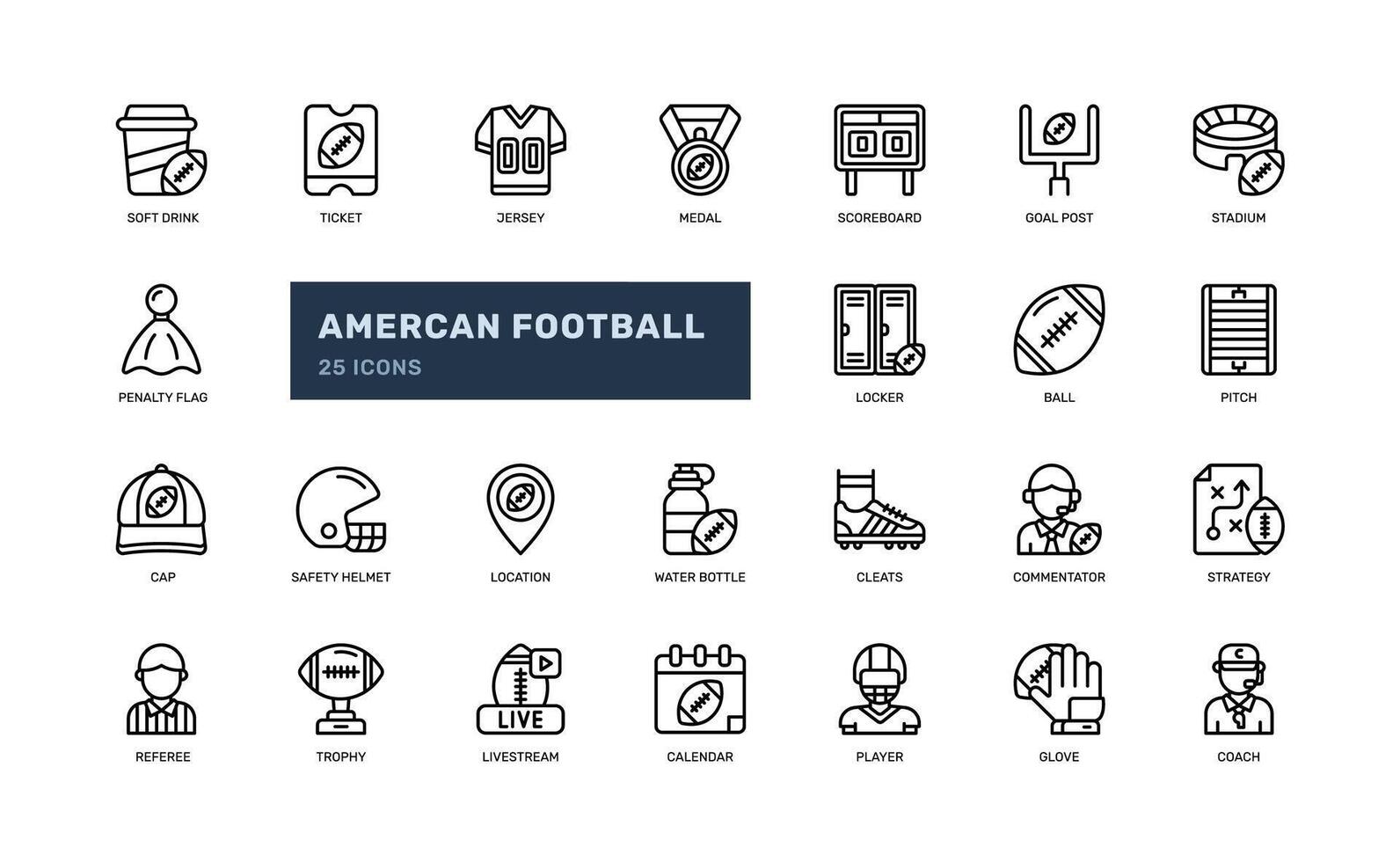 american football gridiron rugby sport competition detailed outline line icon set vector
