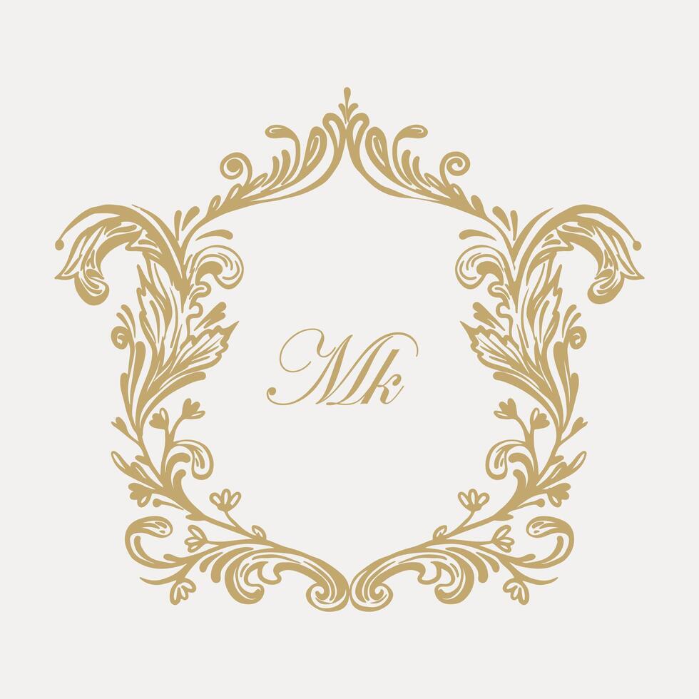Intricate wedding monogram crest design with MK initials. vector