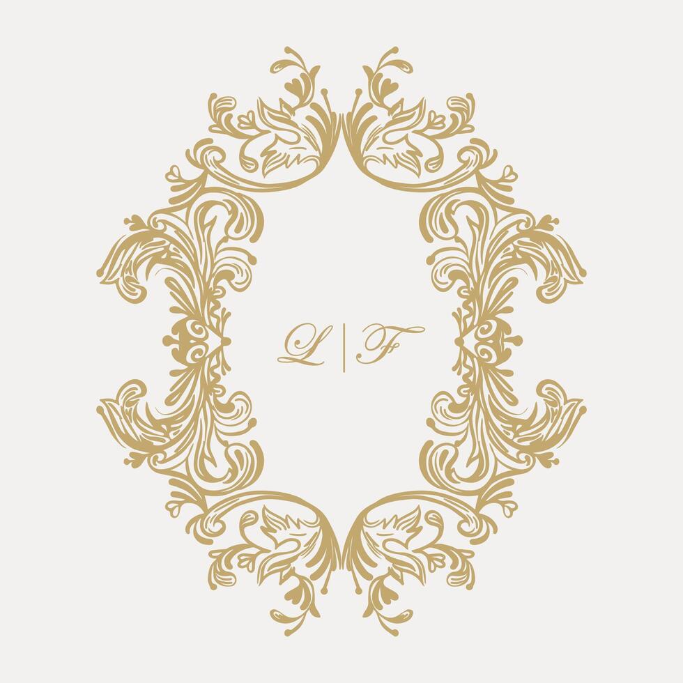Intricate wedding monogram crest design with LF initials. vector