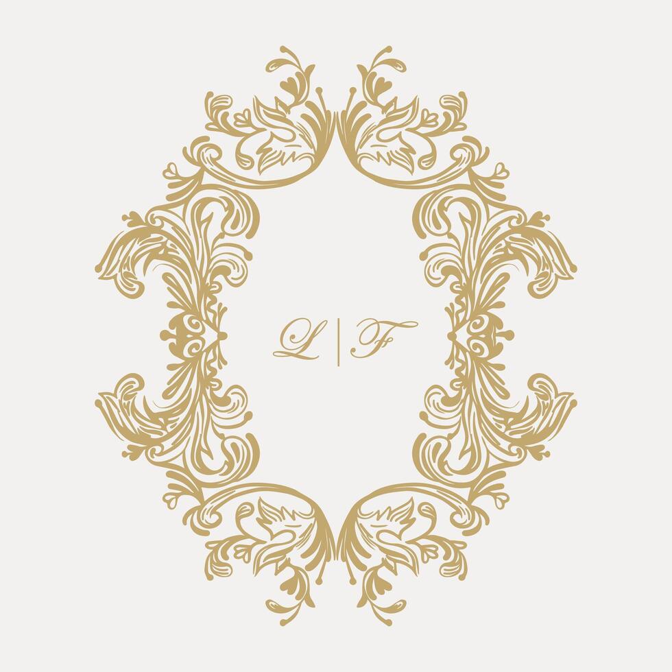 Intricate wedding monogram crest design with LF initials. vector