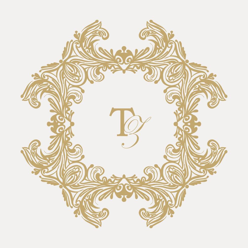Intricate wedding monogram crest design with TZ initials. vector