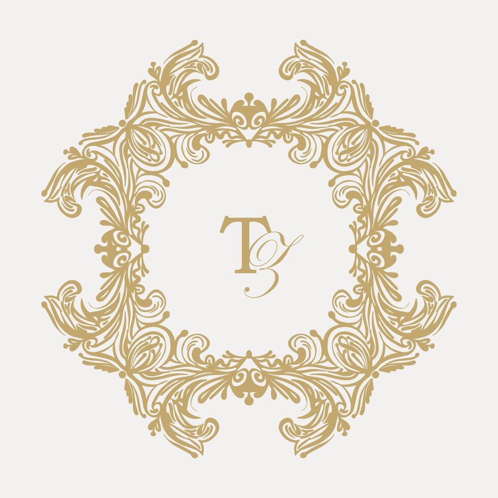 Intricate wedding monogram crest design with TZ initials. vector