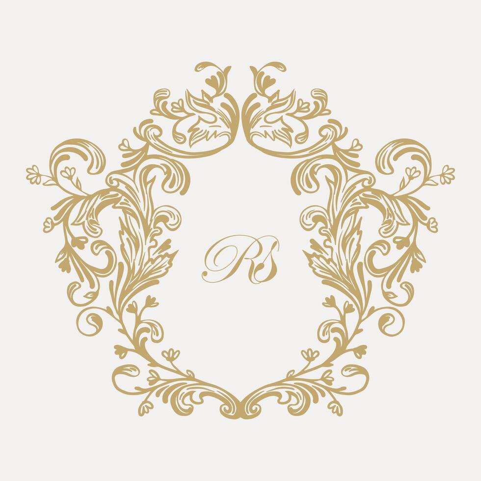 Intricate wedding monogram crest design with RS initials. vector