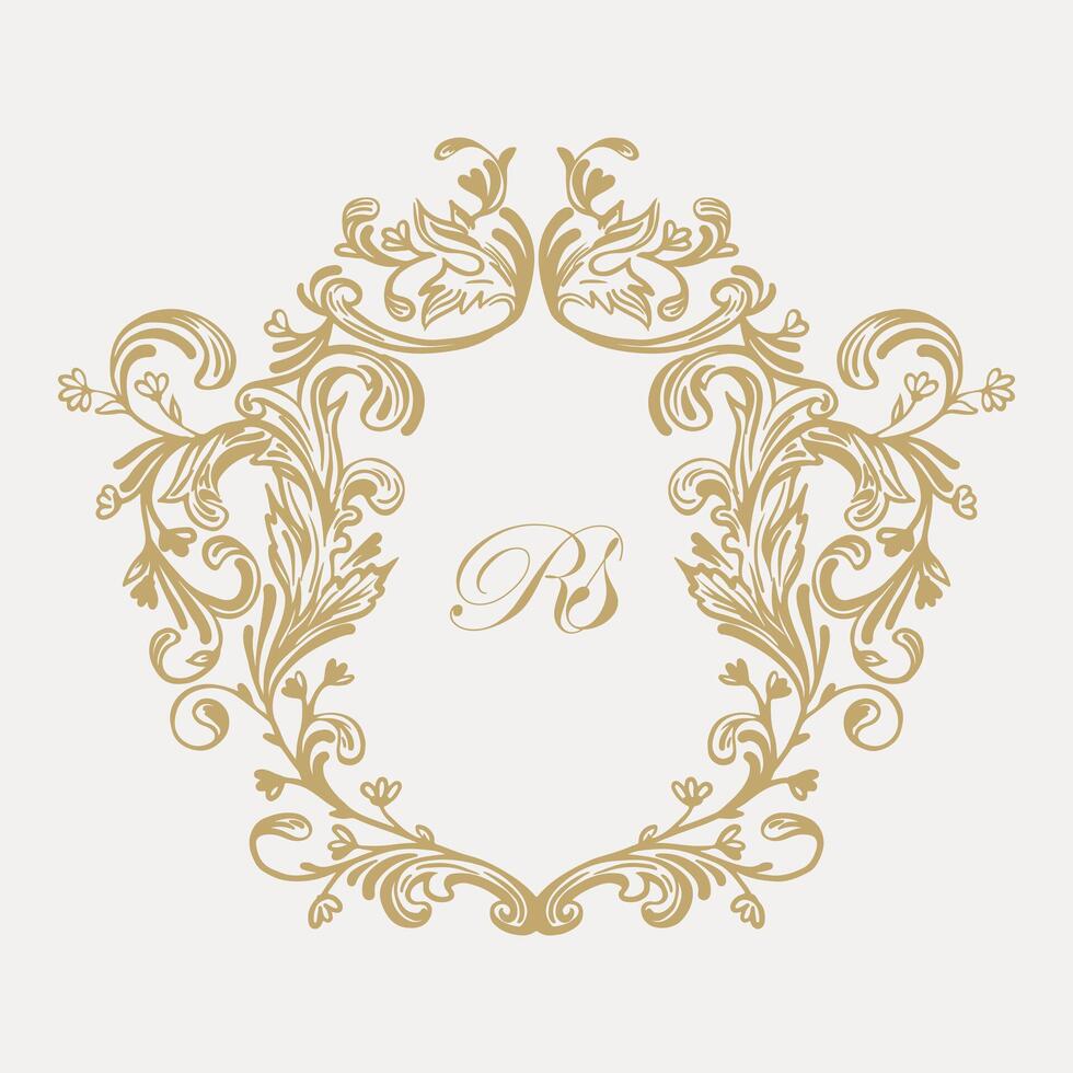 Intricate wedding monogram crest design with RS initials. vector