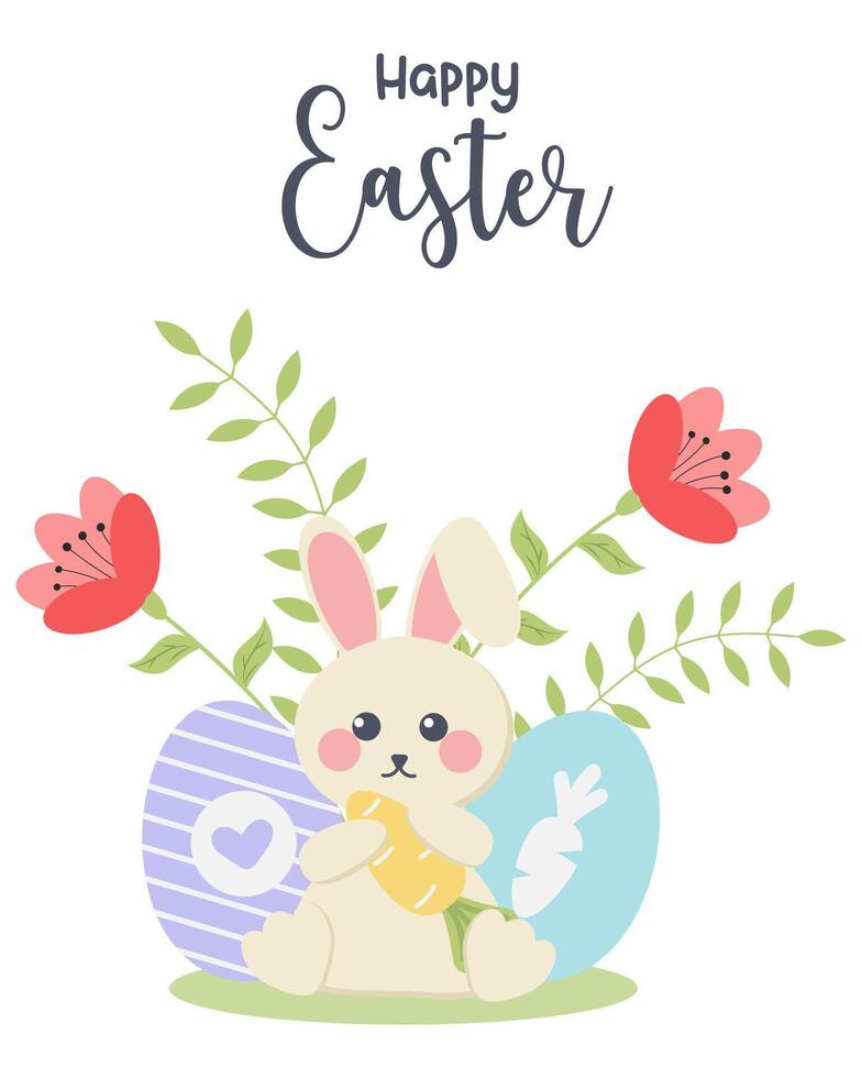 Greeting card with Easter bunny, eggs and flowers on a white background. Cute background great for Easter cards, banner, textiles, wallpapers. Vector illustration.