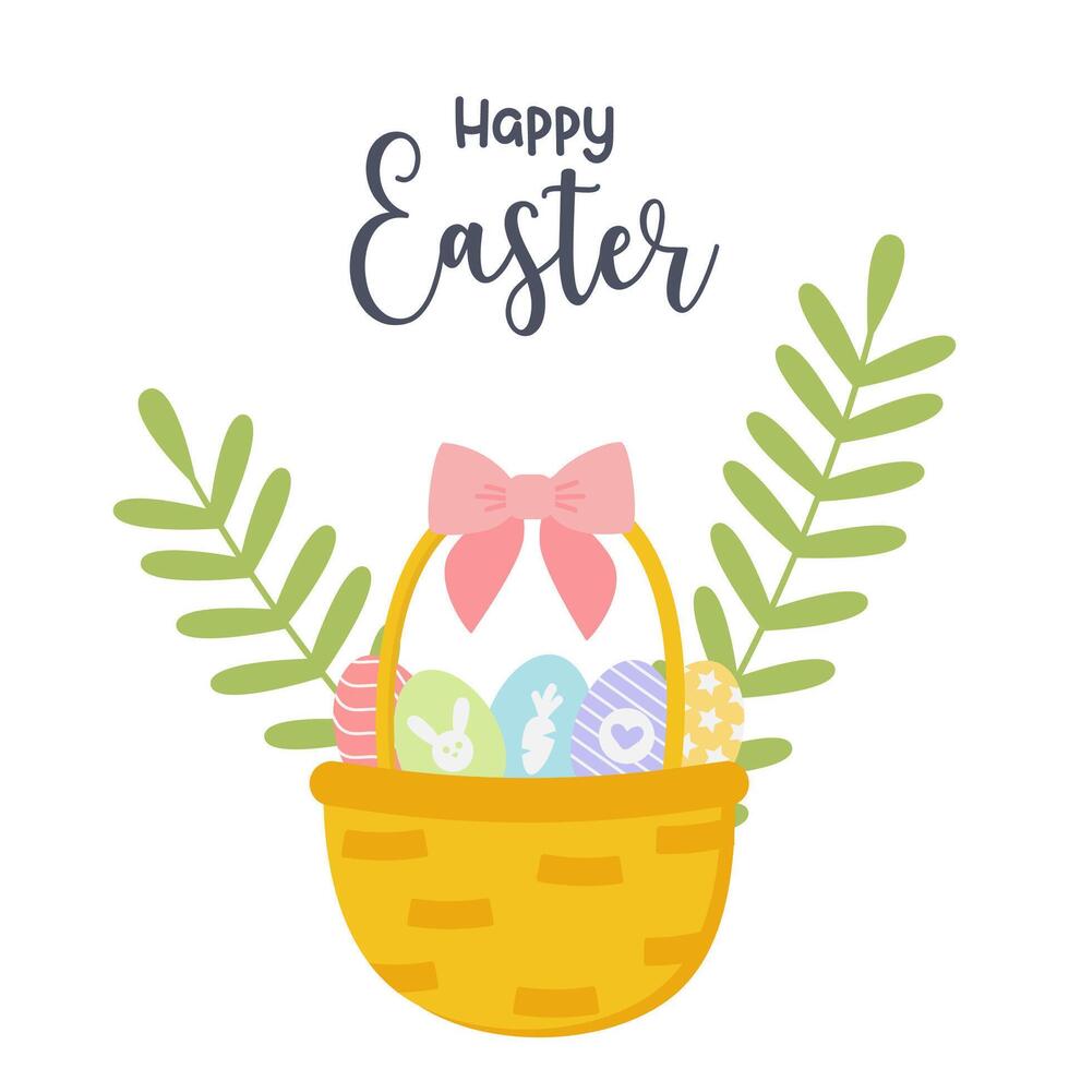 Greeting card with basket of eggs and Easter eggs on a white background. Cute background great for Easter cards, banner, textiles, wallpapers. Vector illustration.