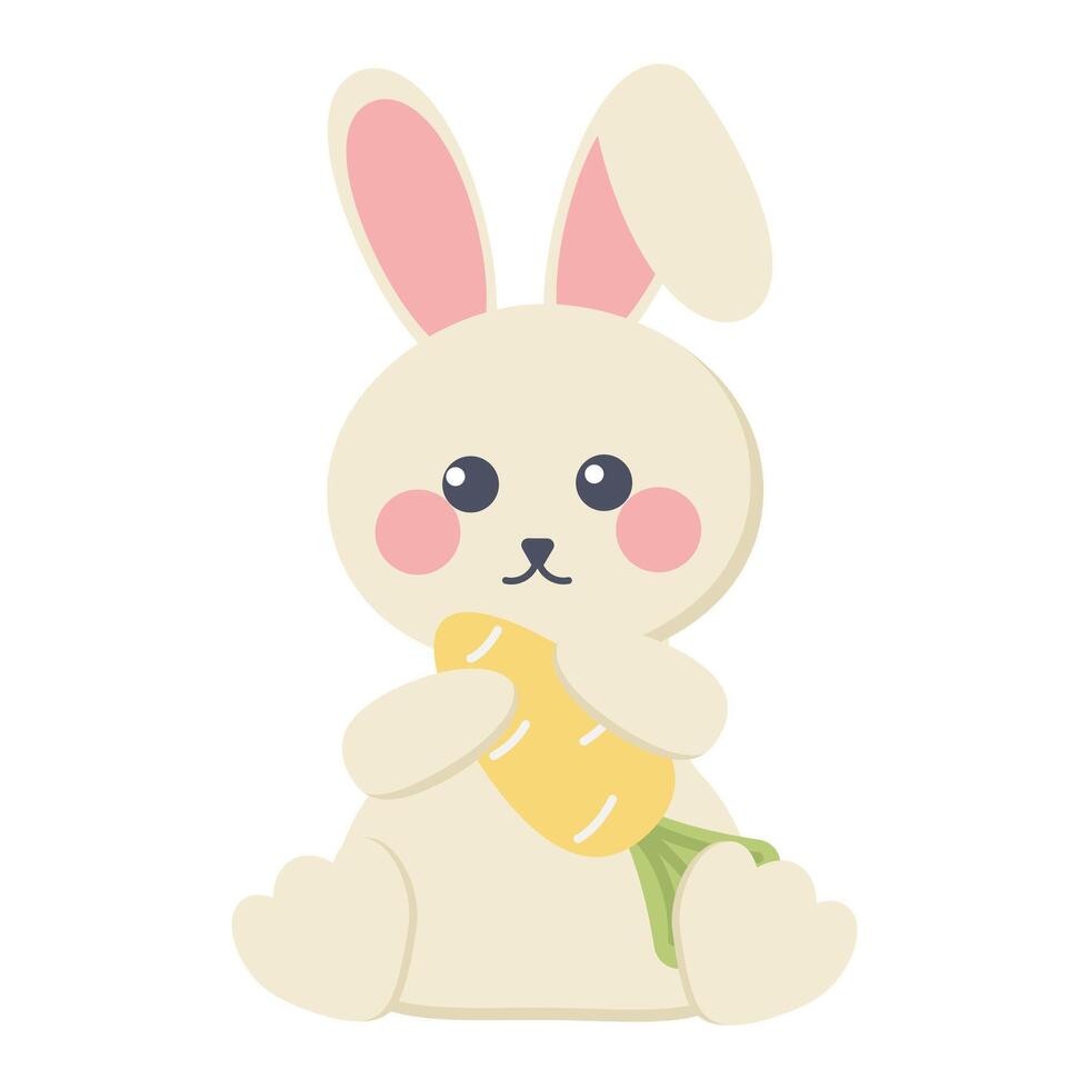 cute Easter bunny holding a delicious carrot in his hands for a postcard, your creativity and your ideas vector