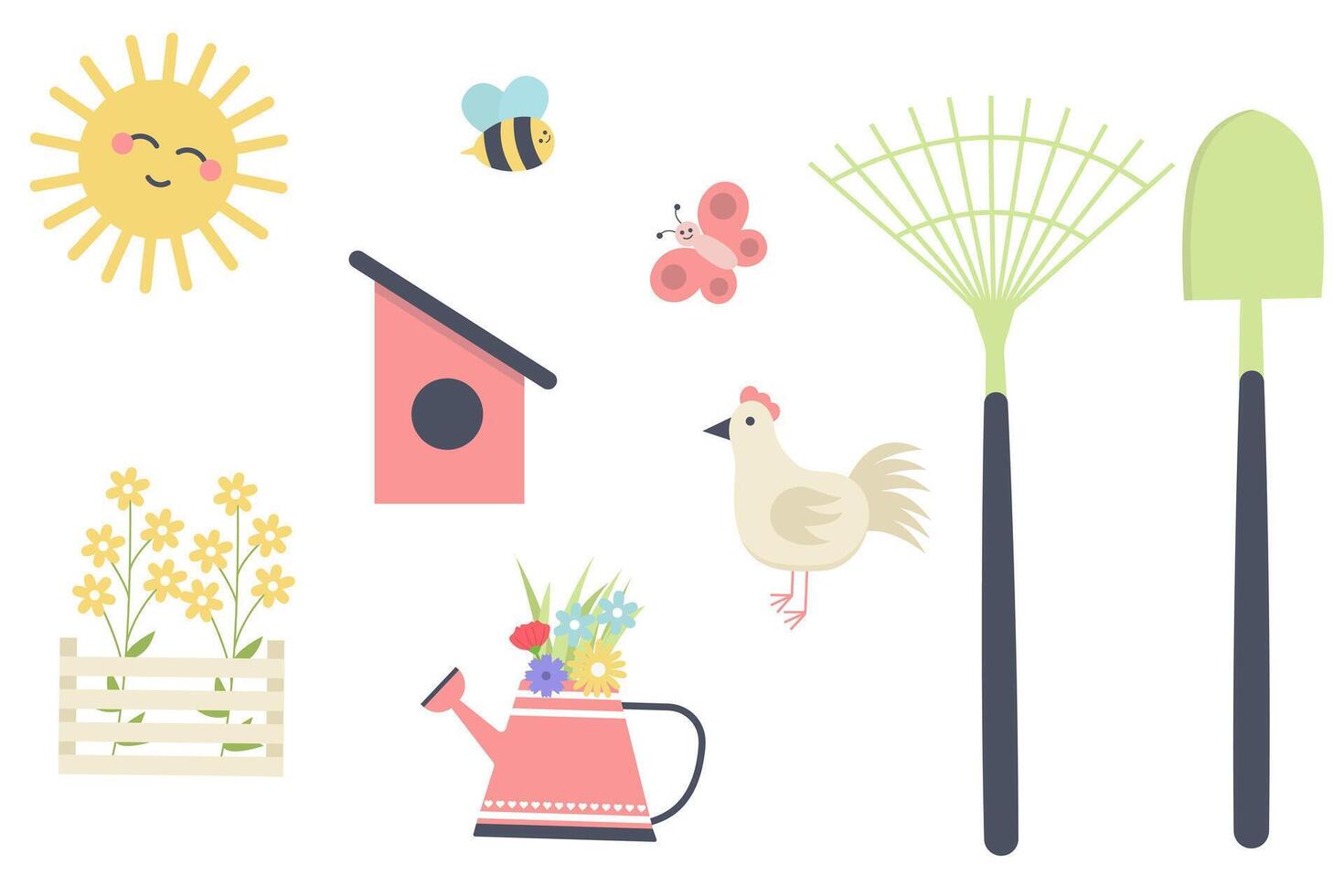 Spring collection with various garden elements, cute flower pot, watering can, shovel, pitchfork, wooden box, rubber boot and flowers illustration vector