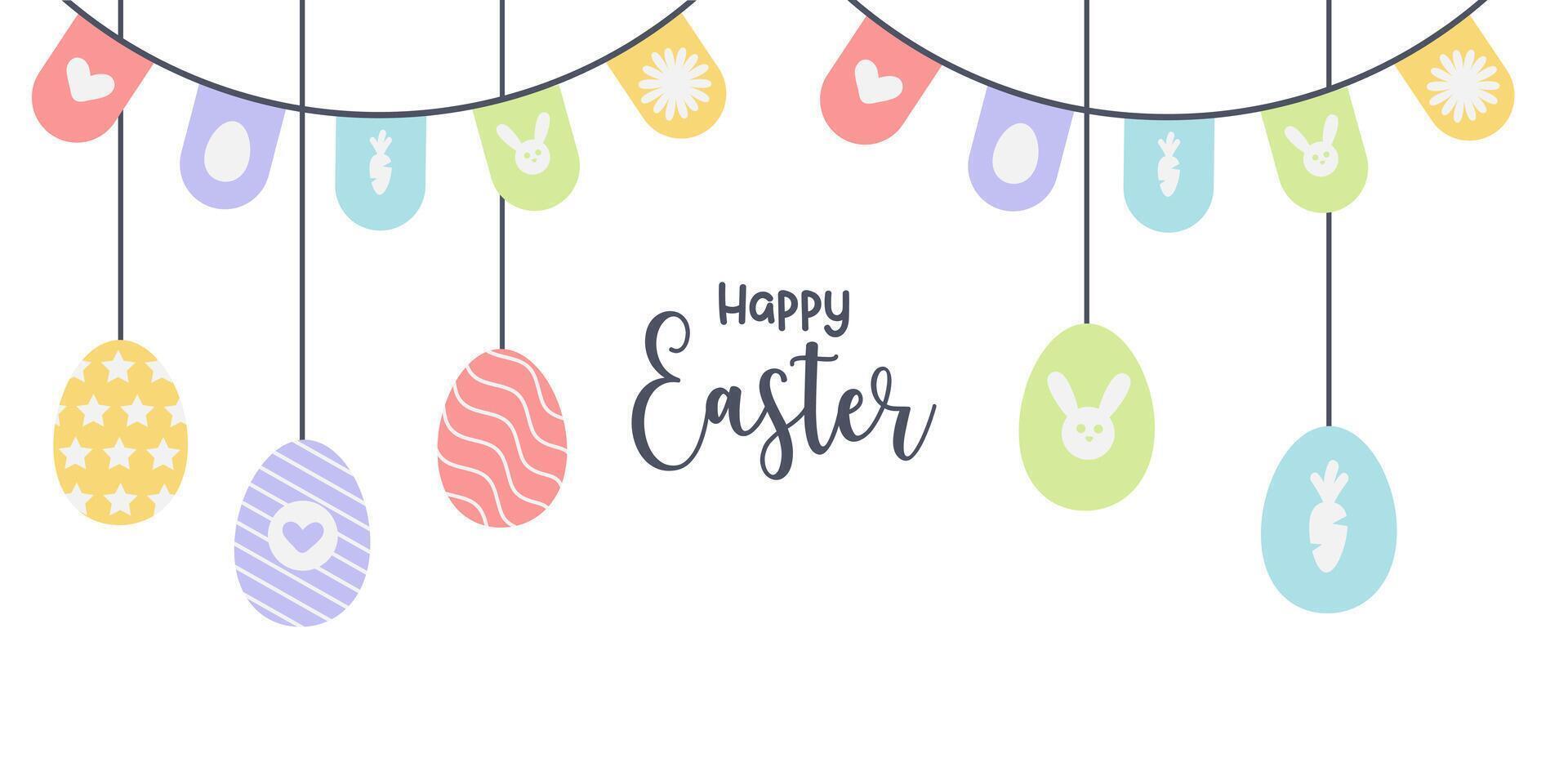 saludo tarjeta con guirnaldas y Pascua de Resurrección huevos en un blanco antecedentes. linda antecedentes genial para Pascua de Resurrección tarjetas, bandera, textiles, fondos de pantalla vector ilustración.