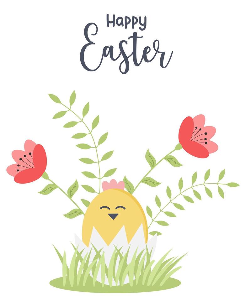 Greeting card with with chicken, flowers and plants on a white background. Cute background great for Easter cards, banner, textiles, wallpapers. Vector illustration.