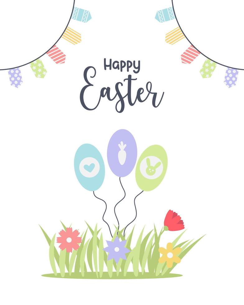 Greeting card with balloons, grass, flowers and garlands on a white background. Cute background great for Easter cards, banner, textiles, wallpapers. Vector illustration.