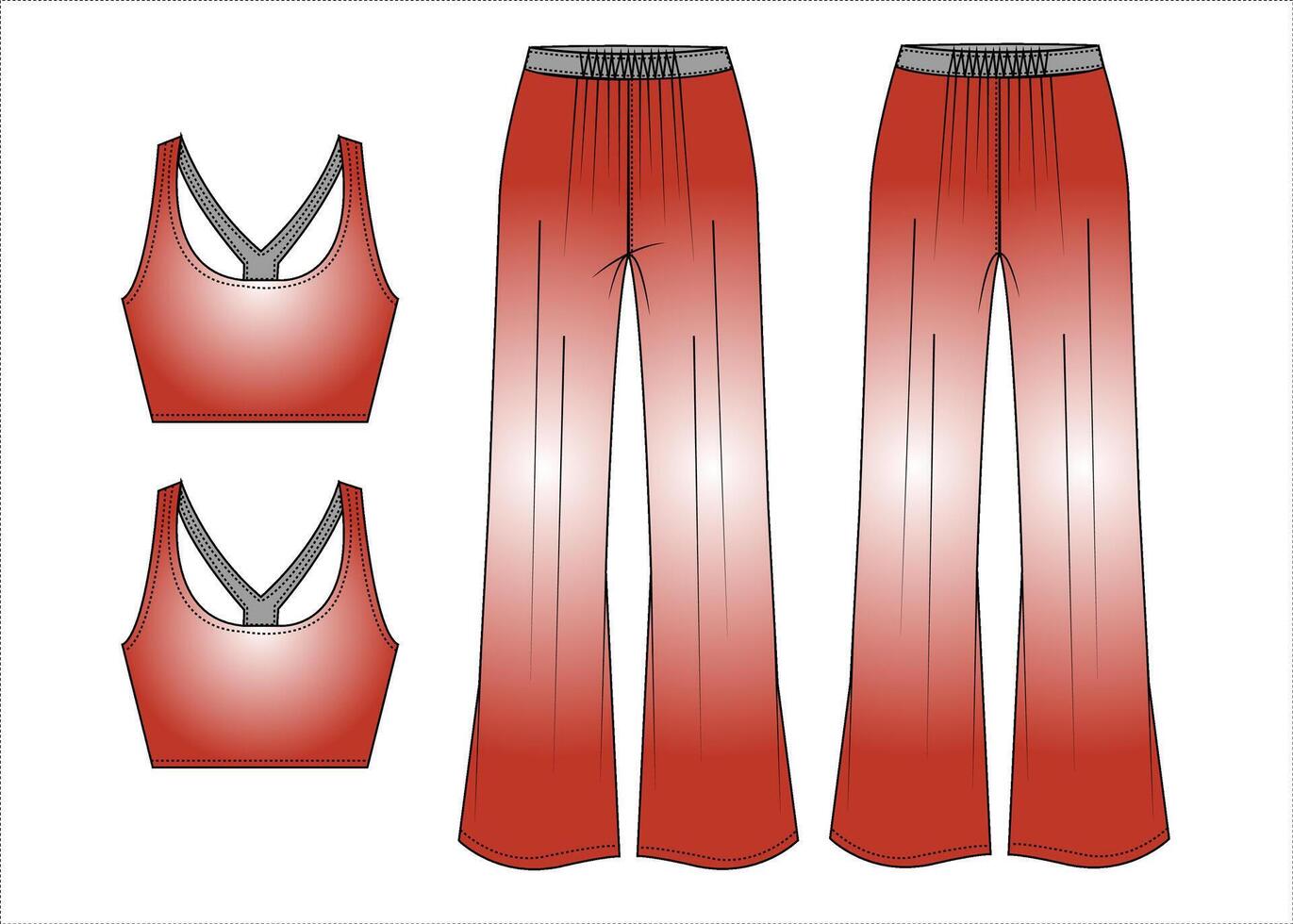 Women's lounge set sleeveless crop top and wide leg pants fashion flat sketch vector illustration technical cad drawing template