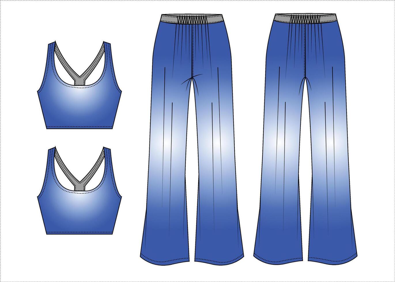Women's lounge set sleeveless crop top and wide leg pants fashion flat sketch vector illustration technical cad drawing template