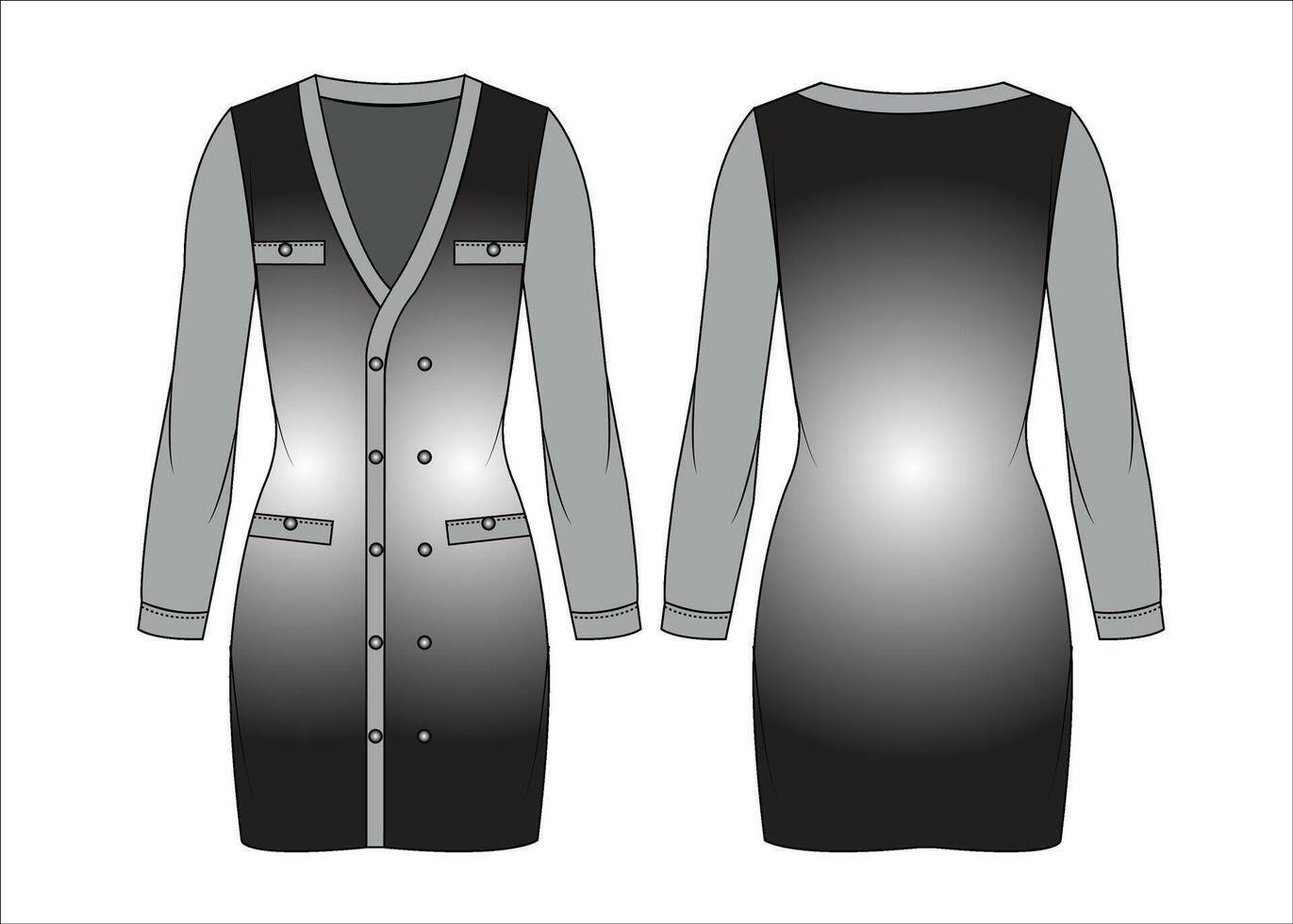 mujer largo manga botón frente corto suéter vestir plano bosquejo vector ilustración frente y espalda ver técnico canalla dibujo modelo