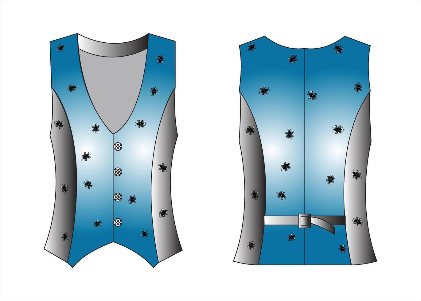Suit vest flat sketch. Business classic waistcoat apparel design. Front and back. Men CAD mockup. Technical drawing template. Vector illustration