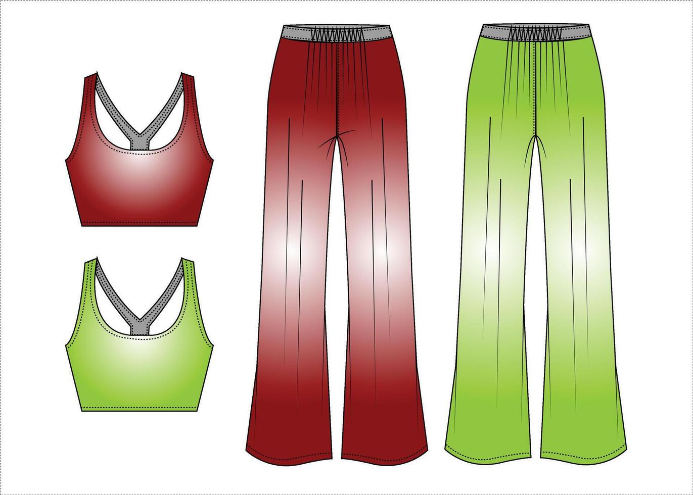 Women's lounge set sleeveless crop top and wide leg pants fashion flat sketch vector illustration technical cad drawing template